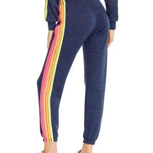 aviator nation sweatpants. heather navy with neon stripes